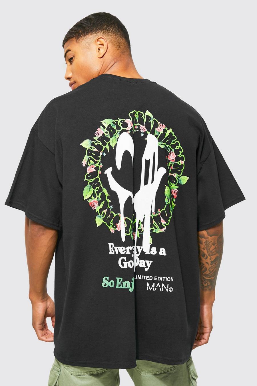 Black Oversized Floral Graffiti Graphic T-shirt image number 1