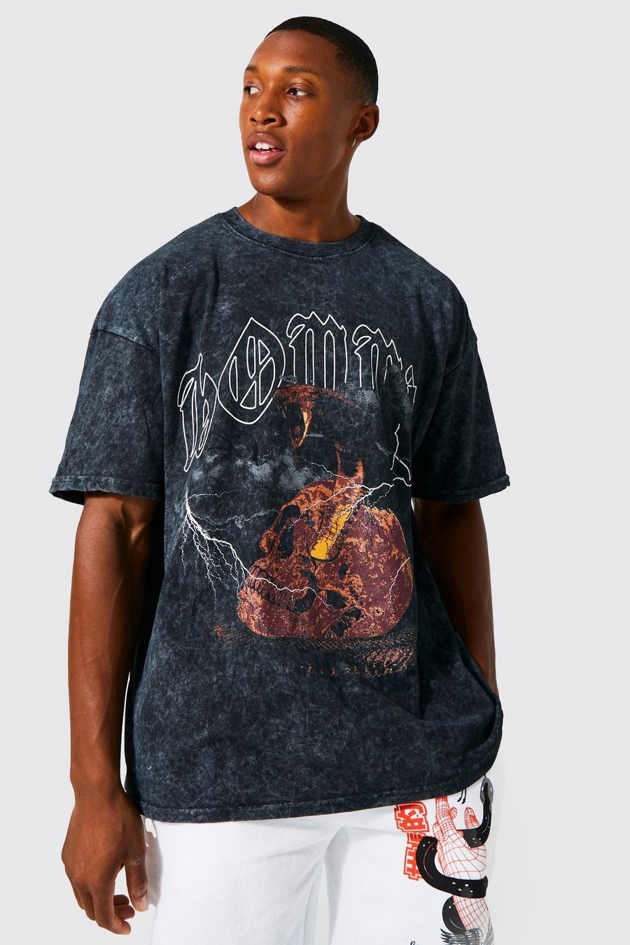 Camiseta oversize con estampado gráfico de serpiente y lavado de ácido, Black negro image number 1