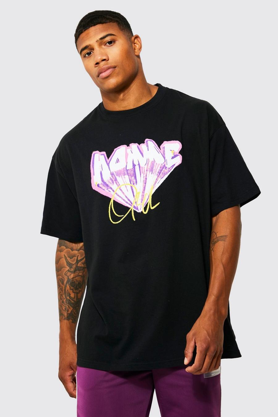 Camiseta oversize con estampado de grafiti Homme, Black nero image number 1