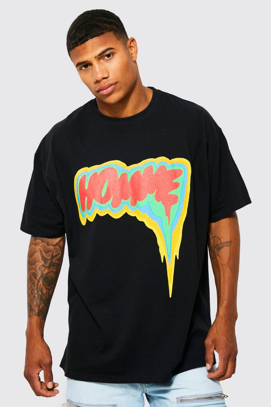Black noir Oversized Homme Graffiti T-Shirt Met Print
