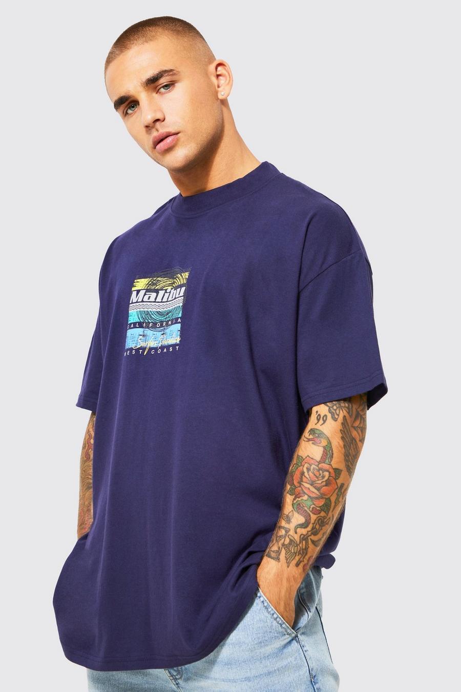 Navy Oversized Extended Neck Graphic T-shirt