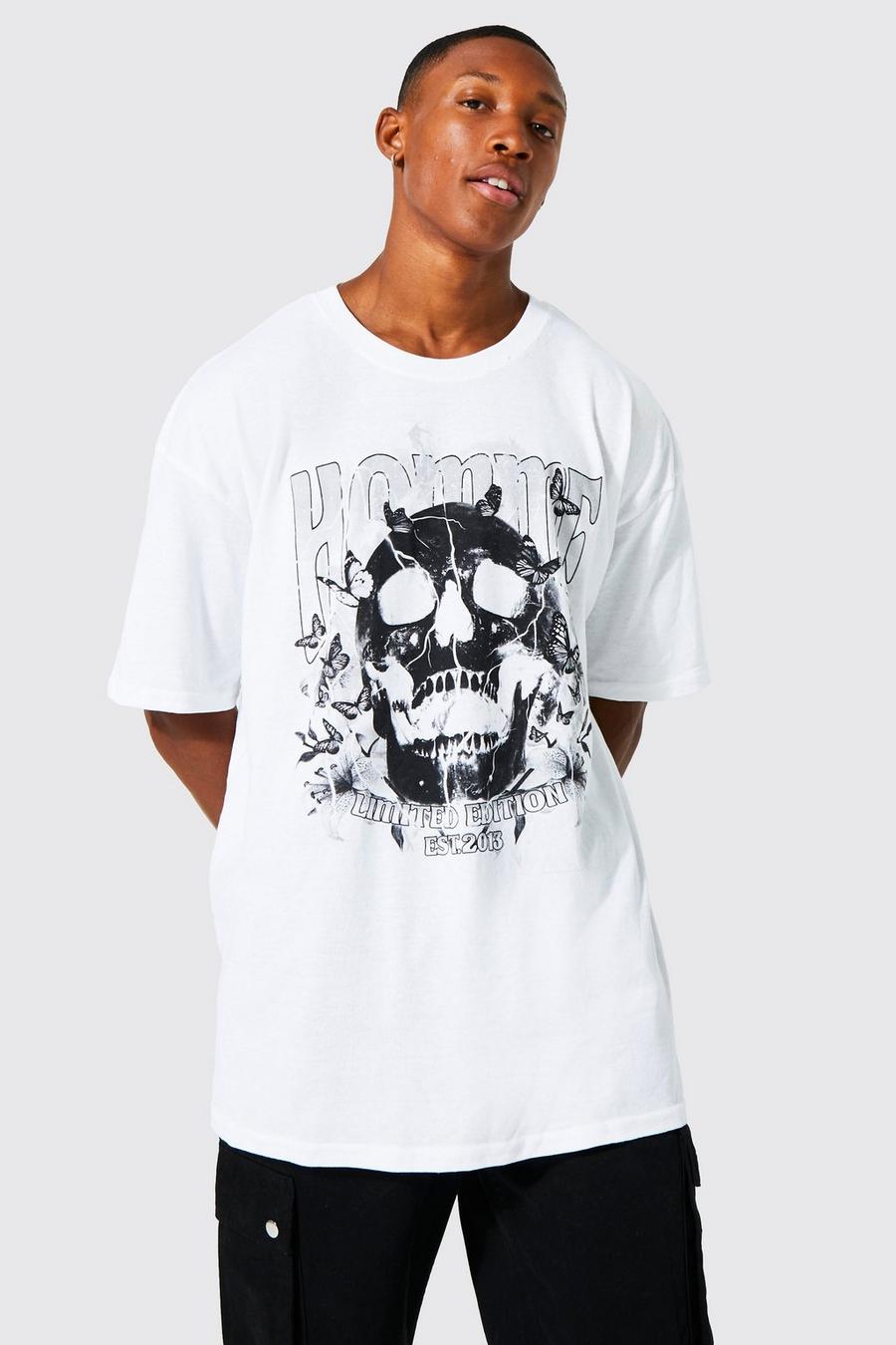 White Oversized Floral Skull T-shirt image number 1