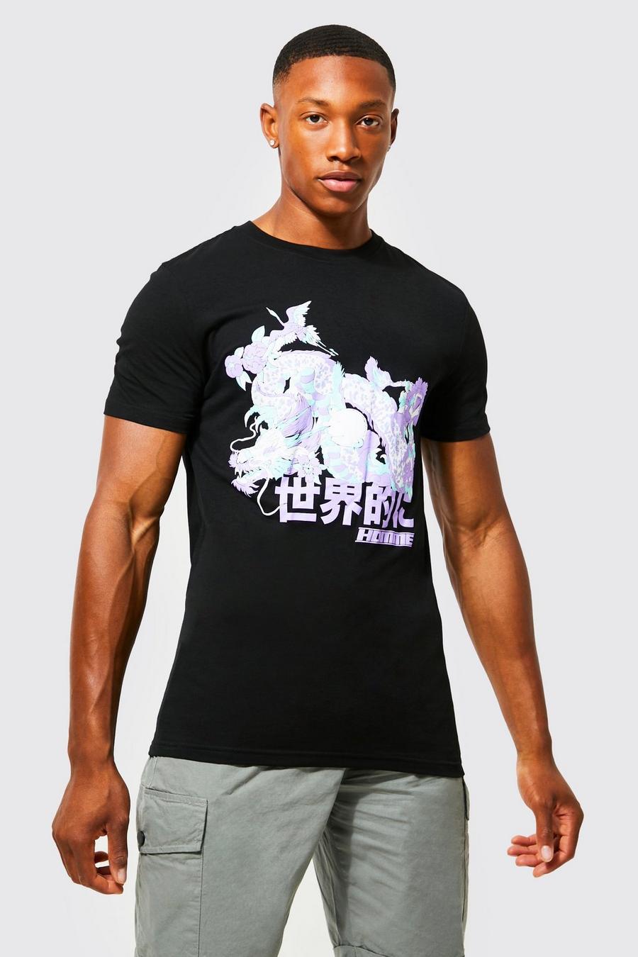 Black Muscle Fit Dragon Graphic T-shirt