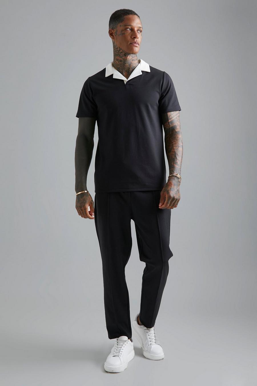 שחור סט מכנסי טרנינג וחולצת פולו בצבעים מנוגדים עם צווארון שטוח image number 1