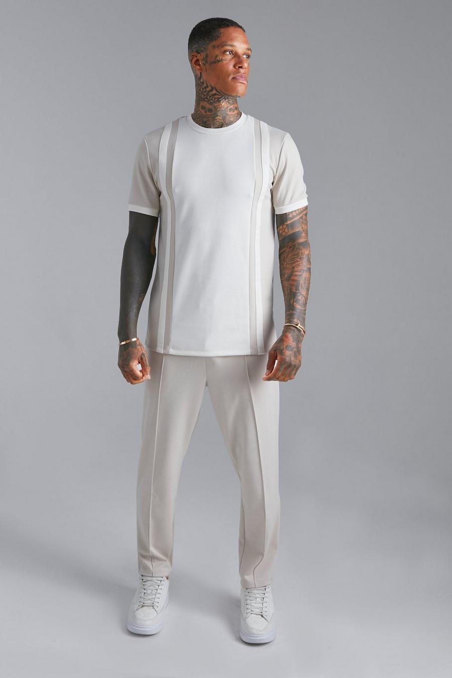 Conjunto de pantalón deportivo y camiseta con panel en contraste, Taupe beige image number 1