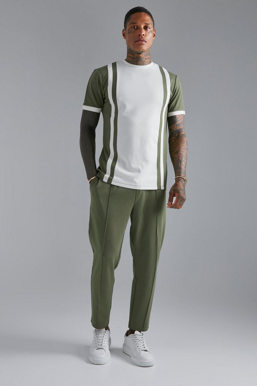 Olive green Contrast Panel T-shirt And Jogger Set image number 1