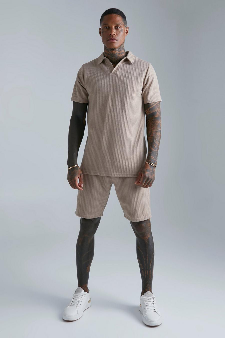Taupe Slim Fit V-neck Waffle Polo And Short Set image number 1