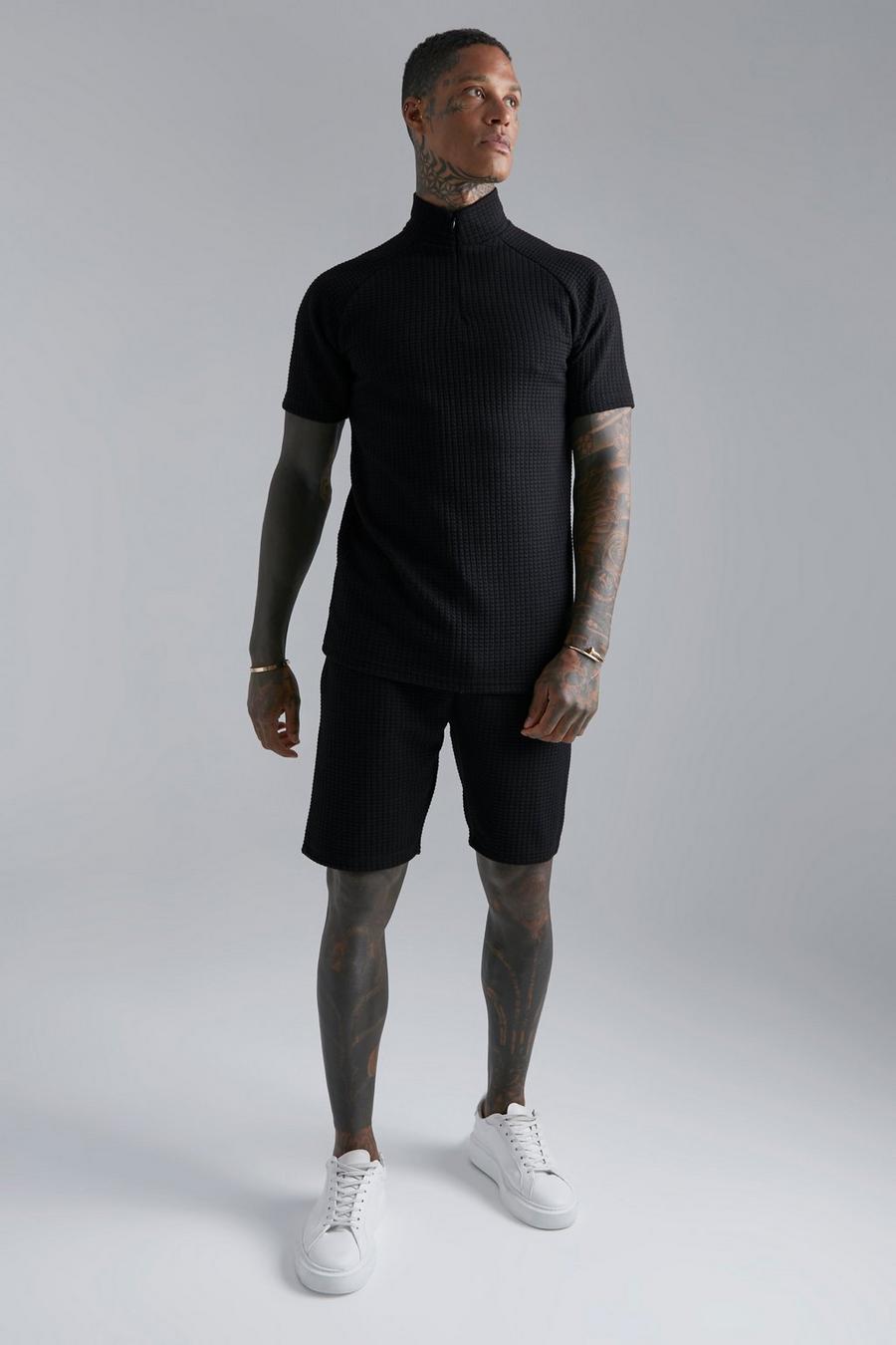 Black Slim fit piké med raglanärm och shorts image number 1