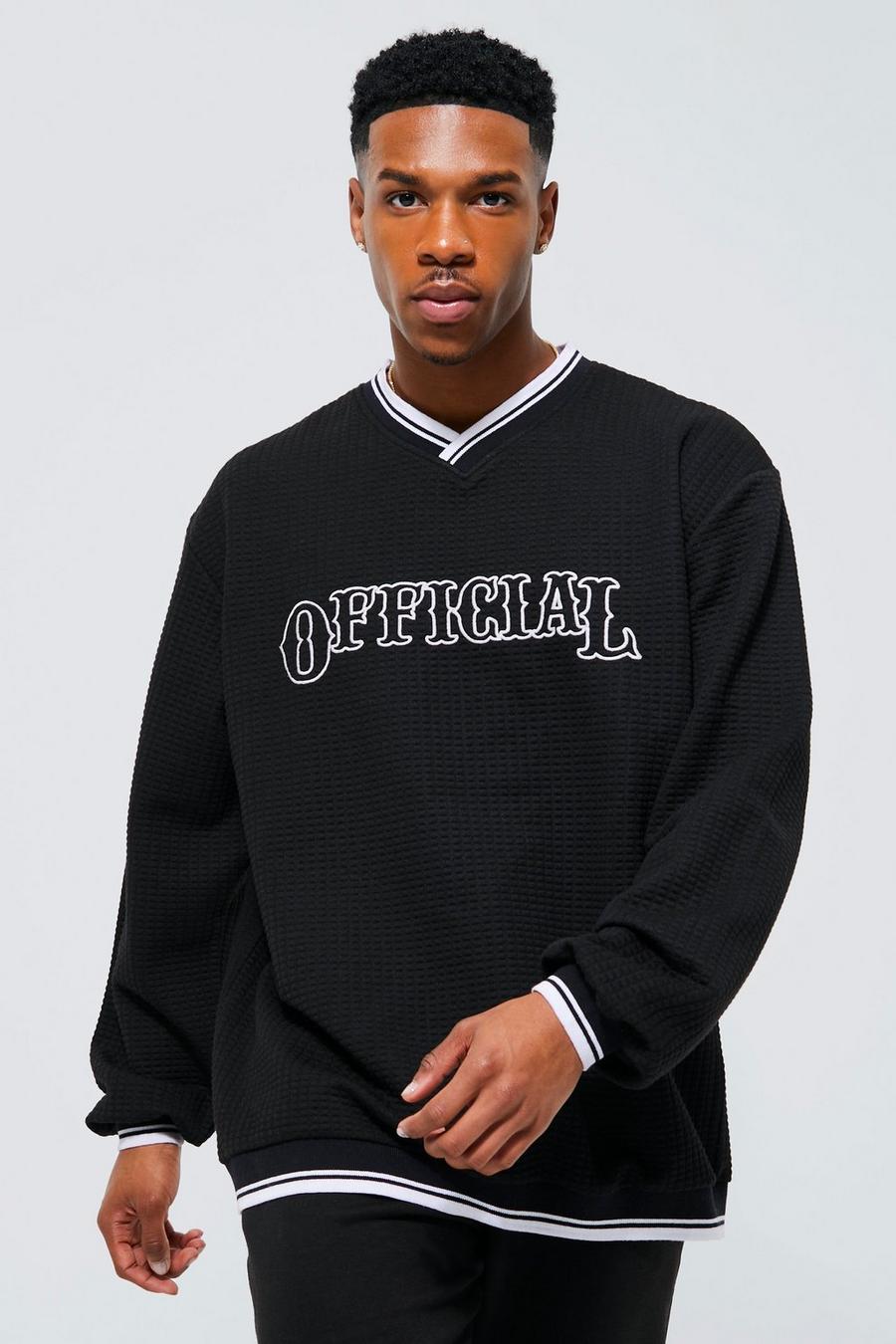 Oversize Sweatshirt in Waffeloptik mit V-Ausschnitt, Black image number 1
