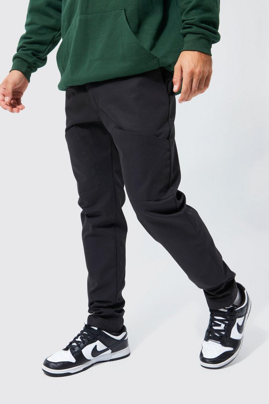 Pantalón cargo ajustado con costuras antidesgarros y cintura fija, Black nero