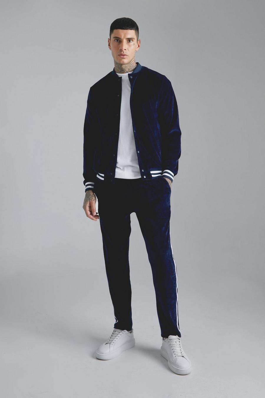 Navy Velour Bomber And Taper Jogger Set image number 1