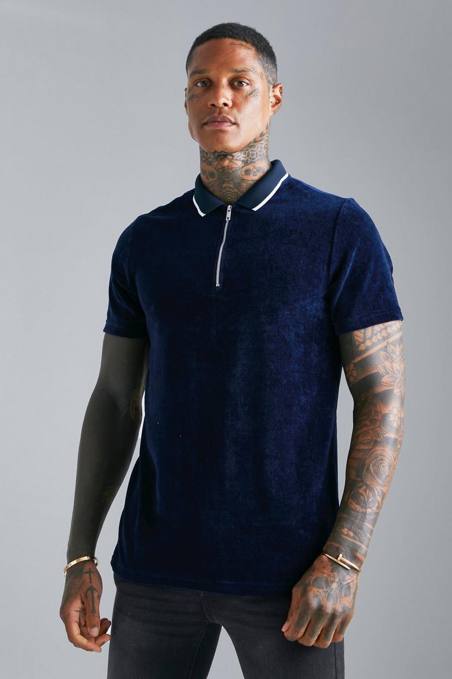Navy Velour Tipped Collar Polo image number 1