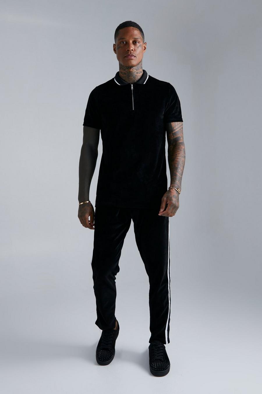 Black Velour Tapered Jogger And  Polo Set  image number 1
