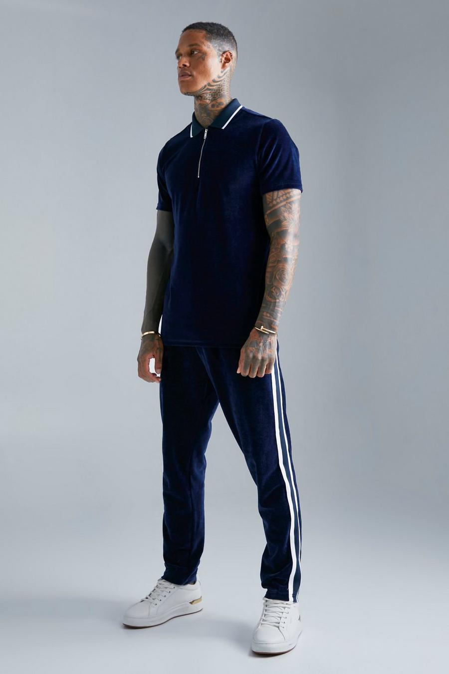 Navy Velour Tapered Jogger And  Polo Set  image number 1