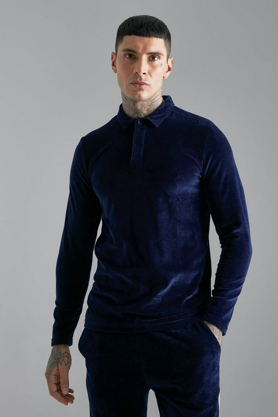 Navy Velour Long Sleeve Polo  image number 1