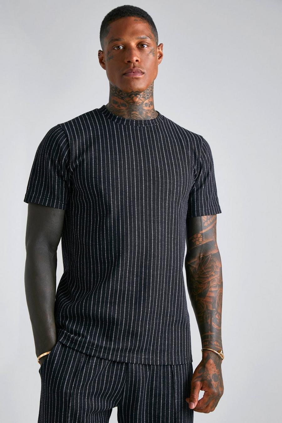 T-shirt Slim Fit in jacquard a righe, Black image number 1