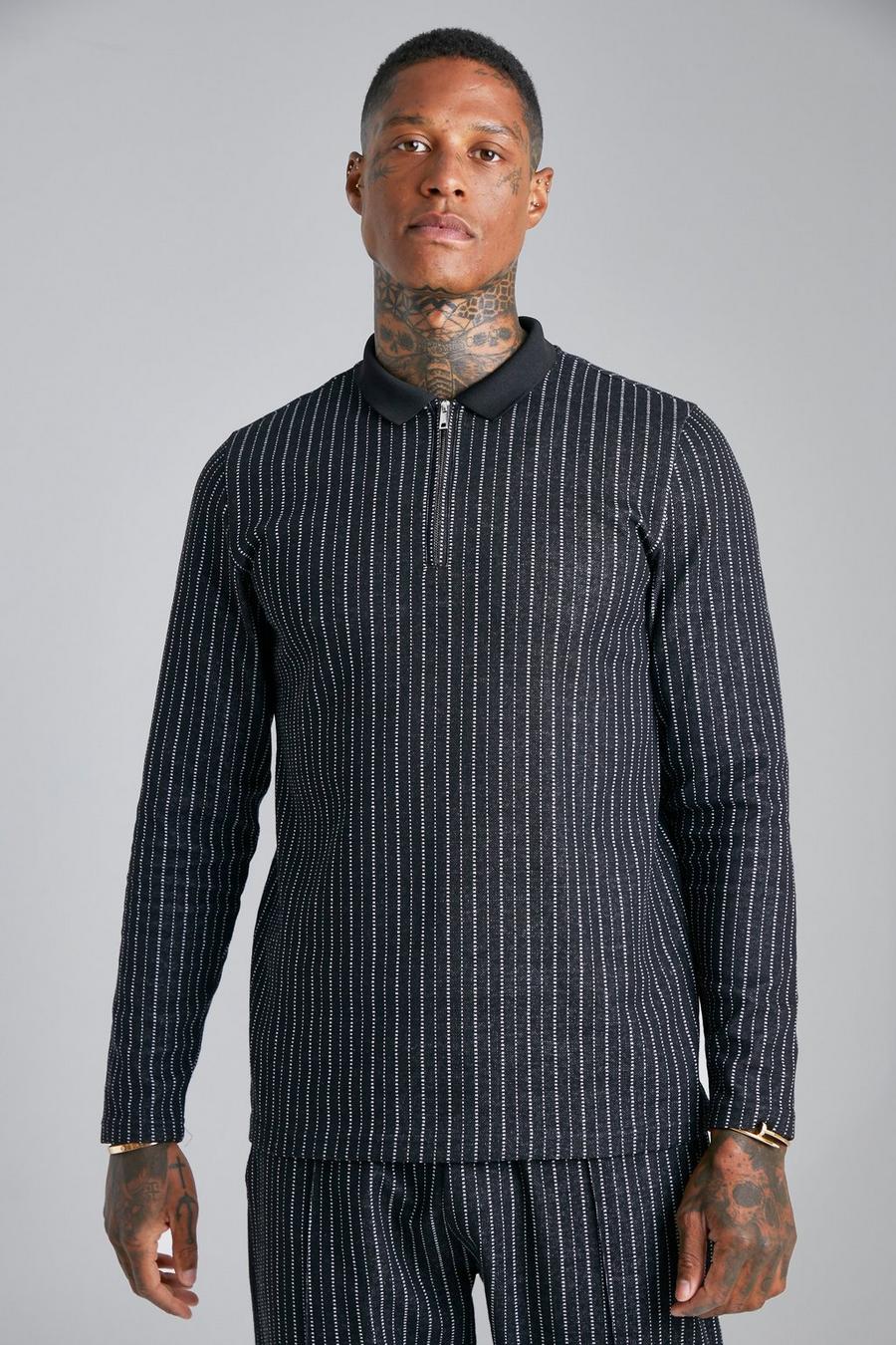 Black nero Jacquard Stripe Long Sleeve Polo image number 1
