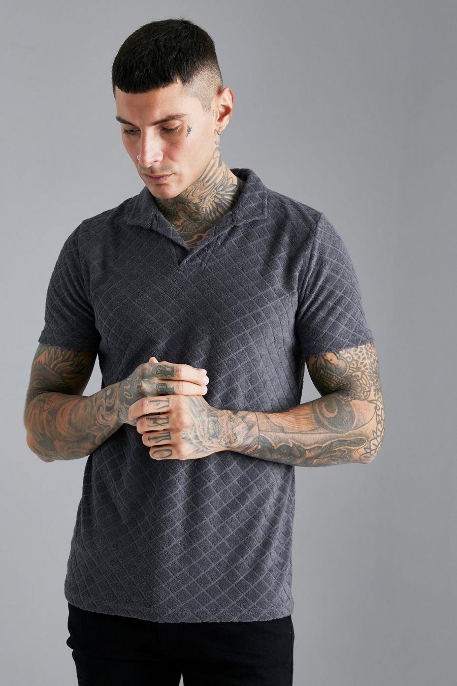 Charcoal Diamond Towelling V Neck Polo  image number 1