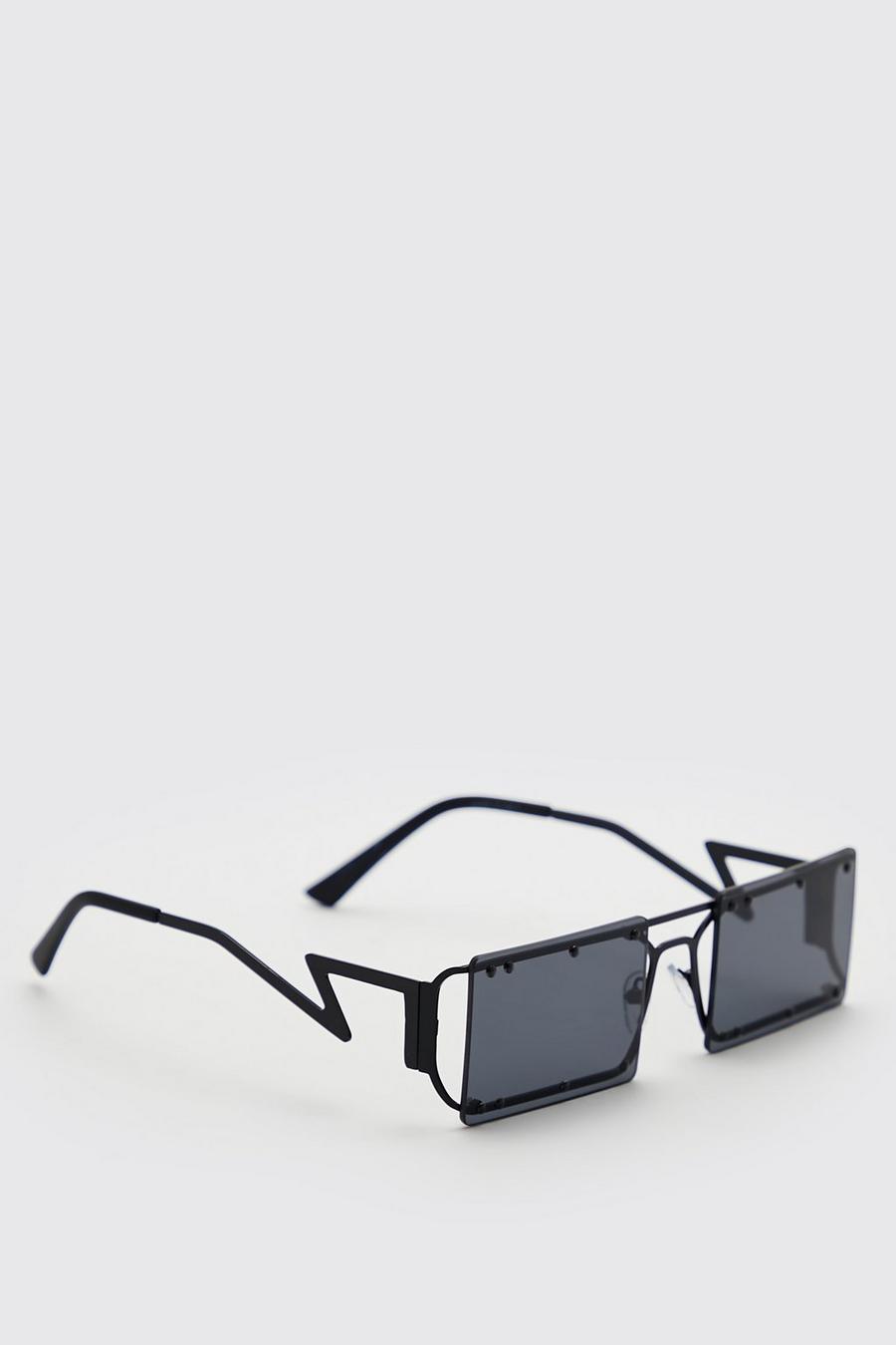 Black Rectangle Overlay Cut Out Arm Sunglasses image number 1
