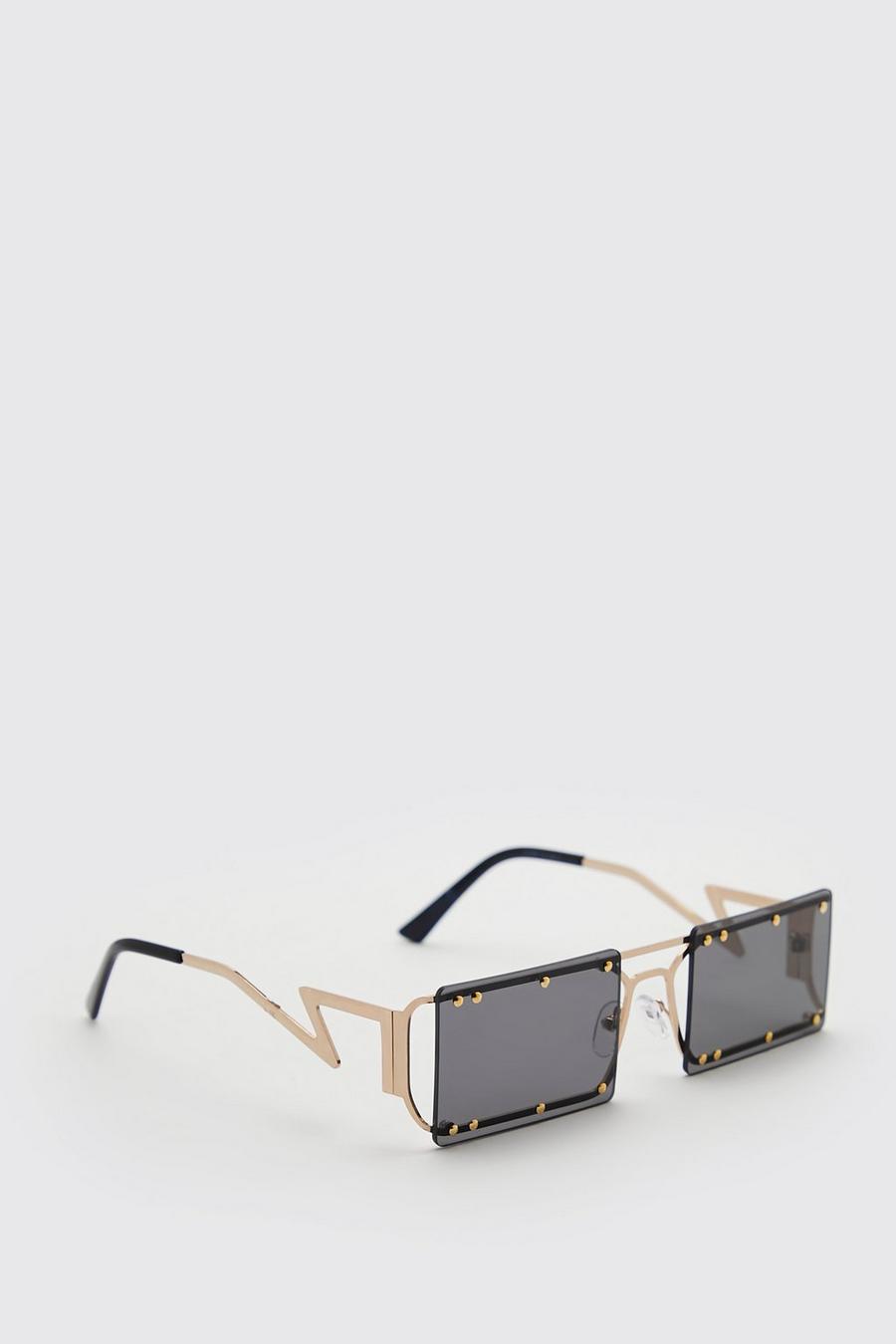 Gold metallic Rectangle Overlay Cut Out Arm Sunglasses