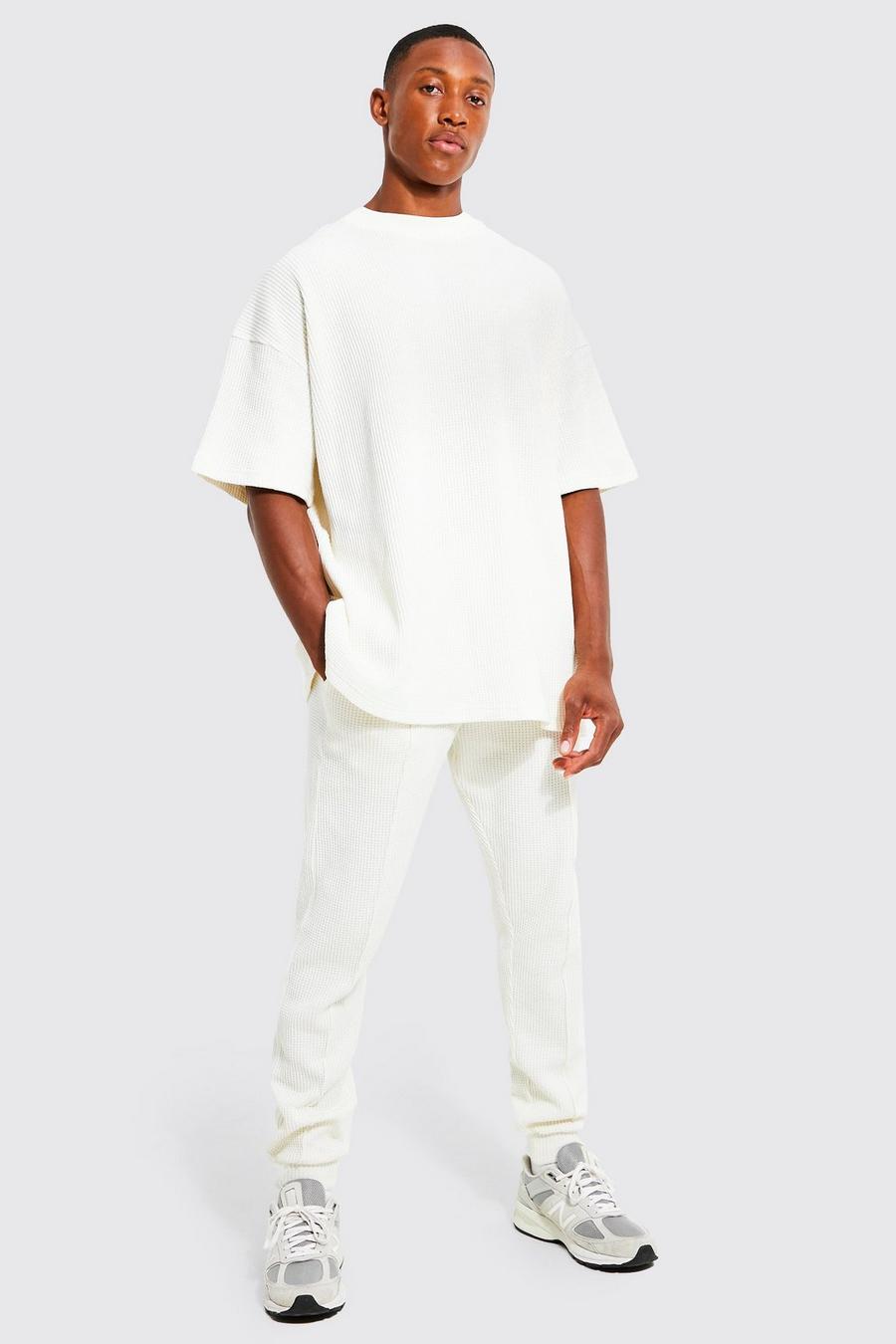 Conjunto de pantalón deportivo y camiseta oversize de tela gofre, Ecru bianco image number 1