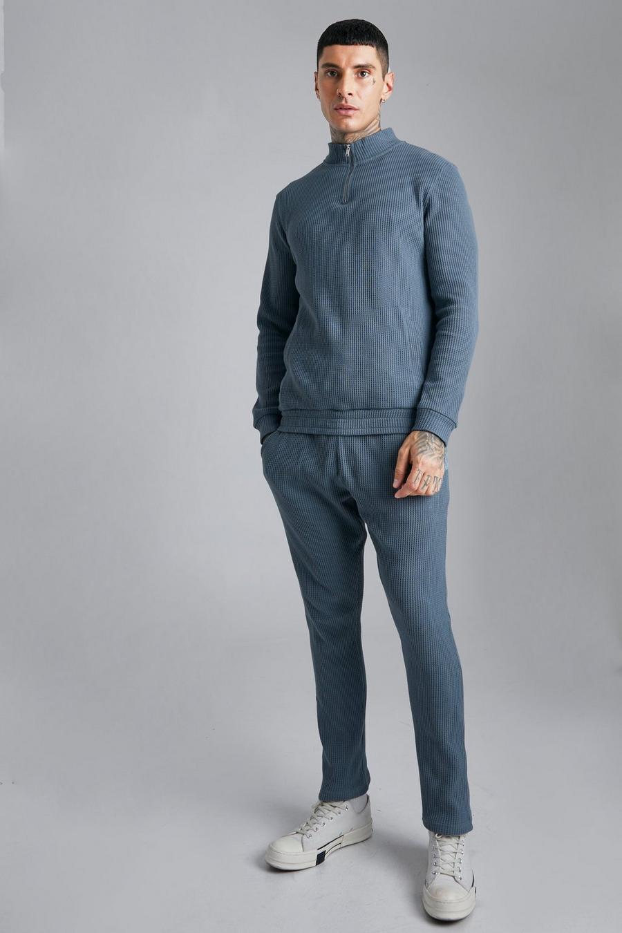 כחול צפחה סט מכנסי טרנינג וחולצה מאריג ואפל עם צווארון משפך image number 1