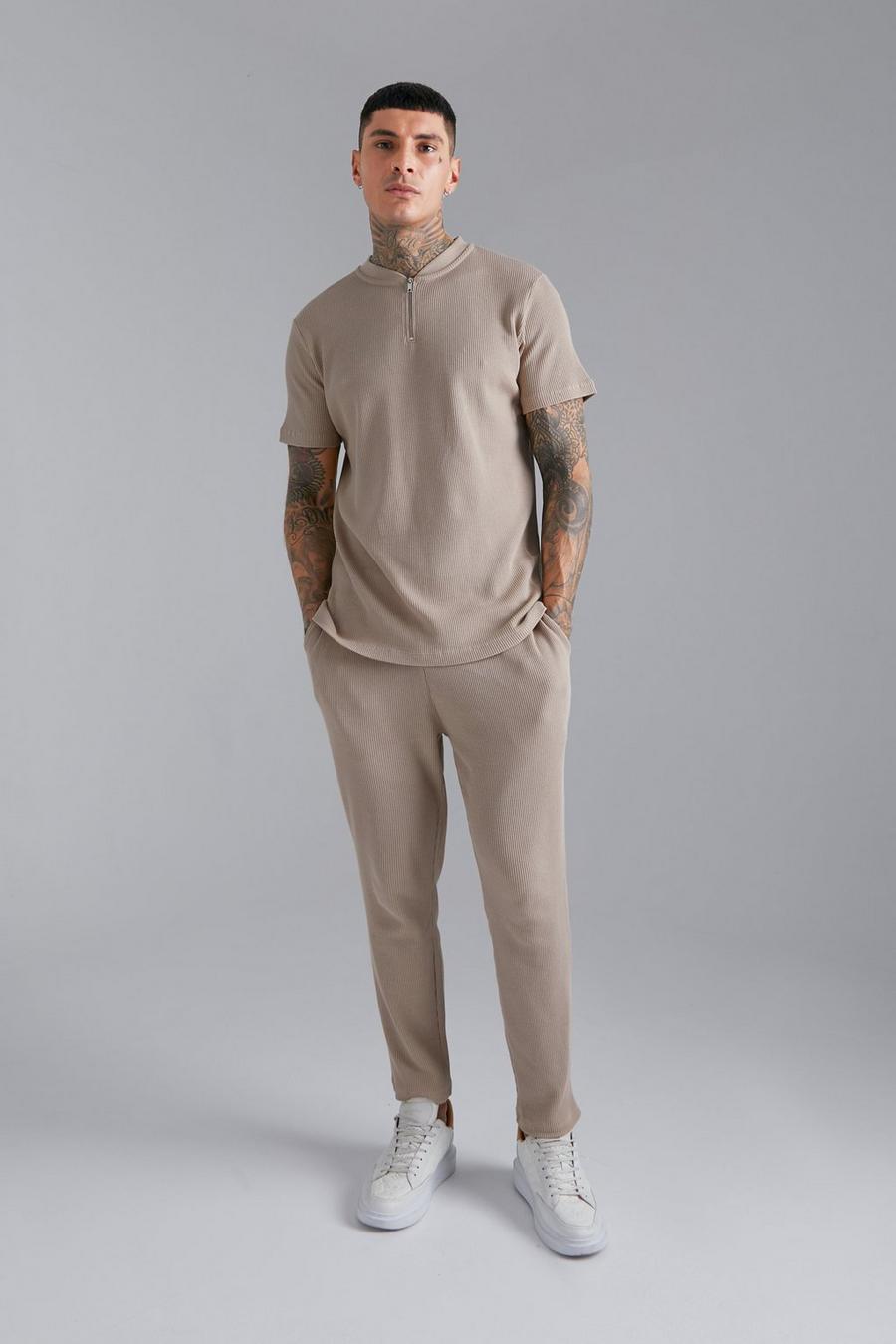 Taupe Waffle Bomber Neck Zip Polo And Jogger Set  image number 1
