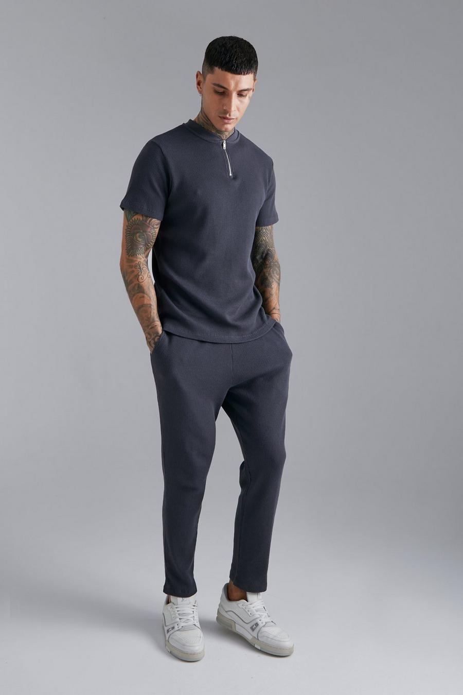Charcoal grey Waffle Bomber Neck Zip Polo And Jogger Set 