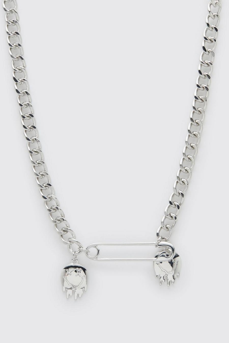 Silver Drip Face Safety Pin Chain Necklace image number 1