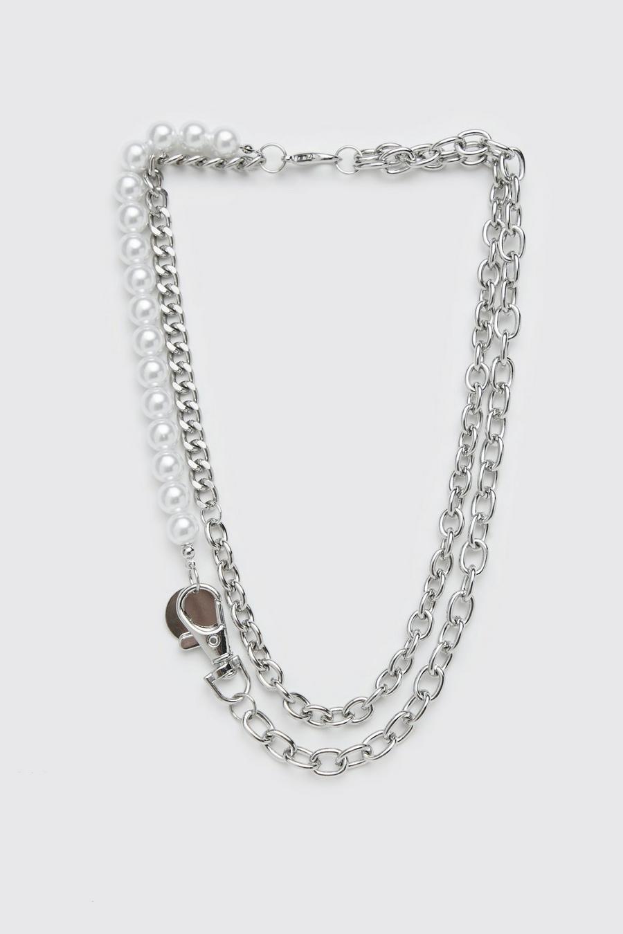 Silver Carabiner Detail Pearl Multi Layer Necklace