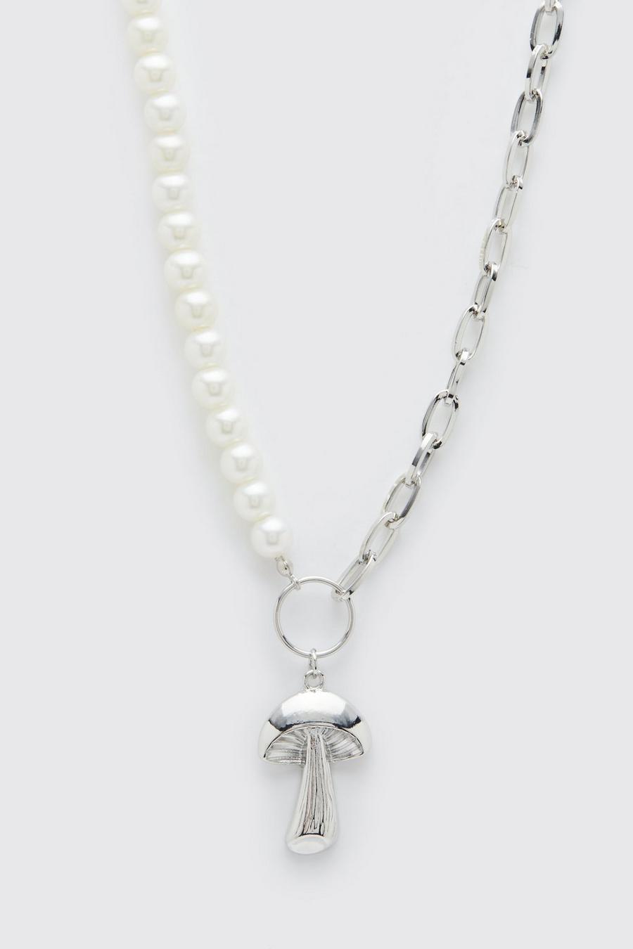 Silver Mushroom Charm Pearl Necklace