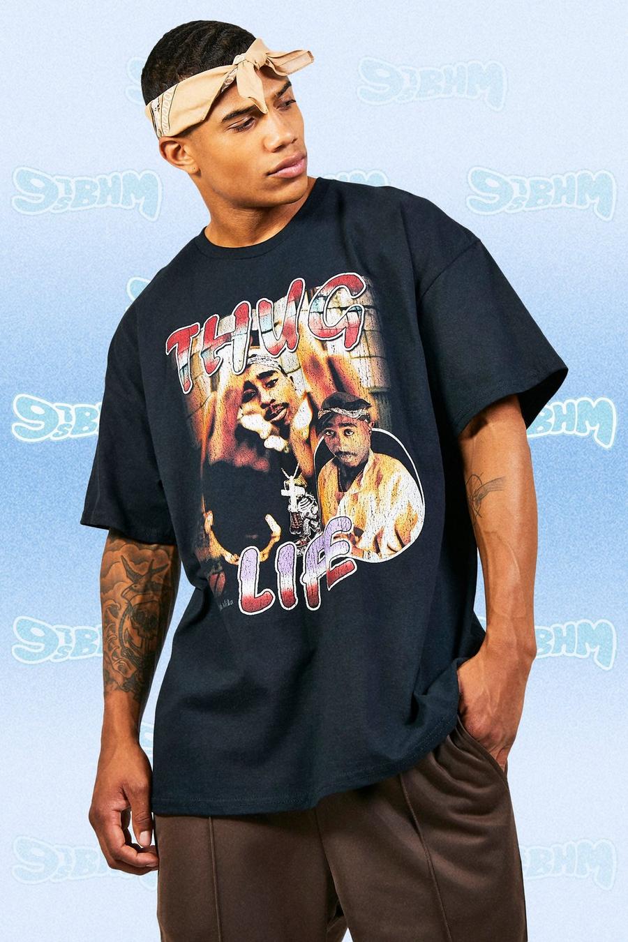 T-shirt oversize vintage ufficiale Tupac Life, Black nero
