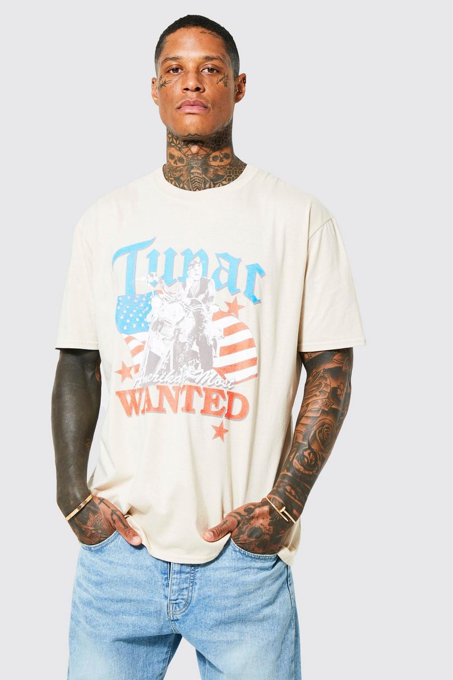Camiseta oversize con estampado de Tupac Wanted, Sand image number 1