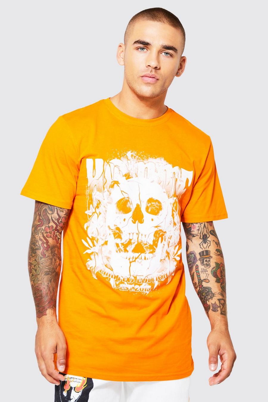 Orange Longline Skull Graphic T-shirt image number 1