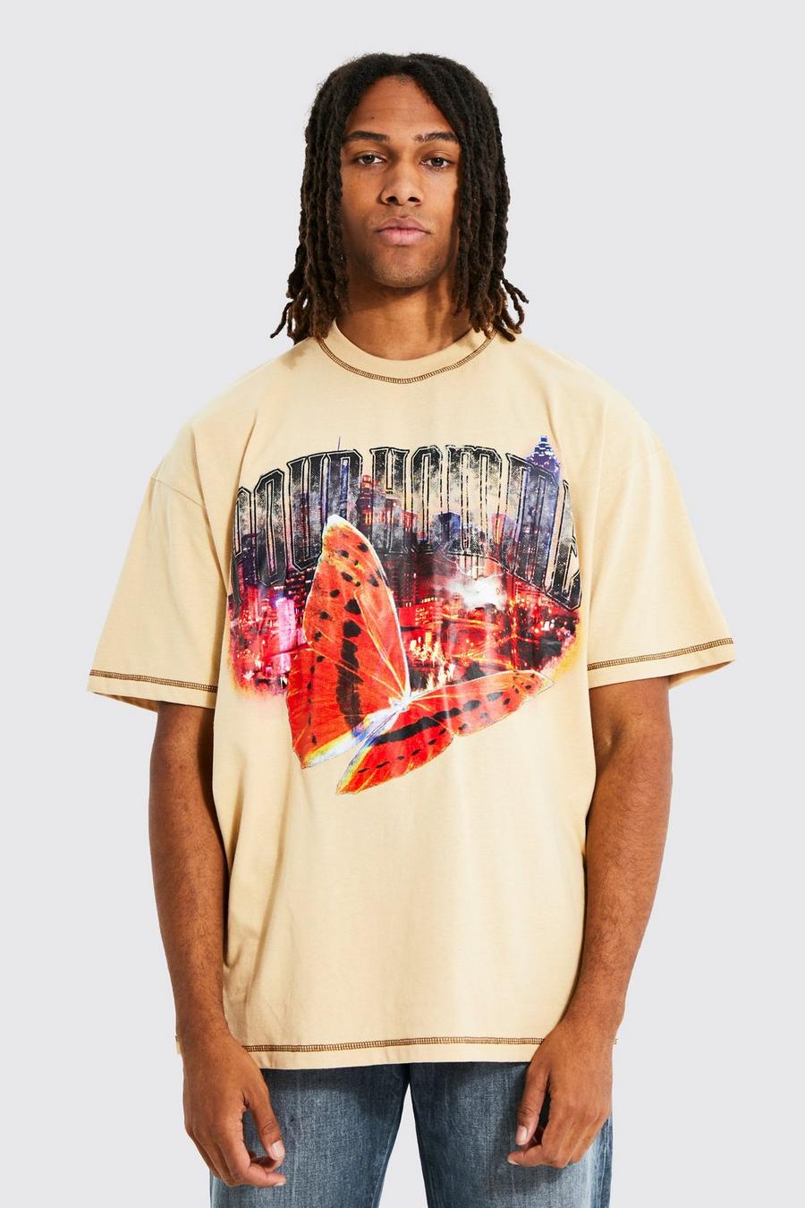Sand Oversized T-Shirt Met Print En Contrasterende Stiksels image number 1