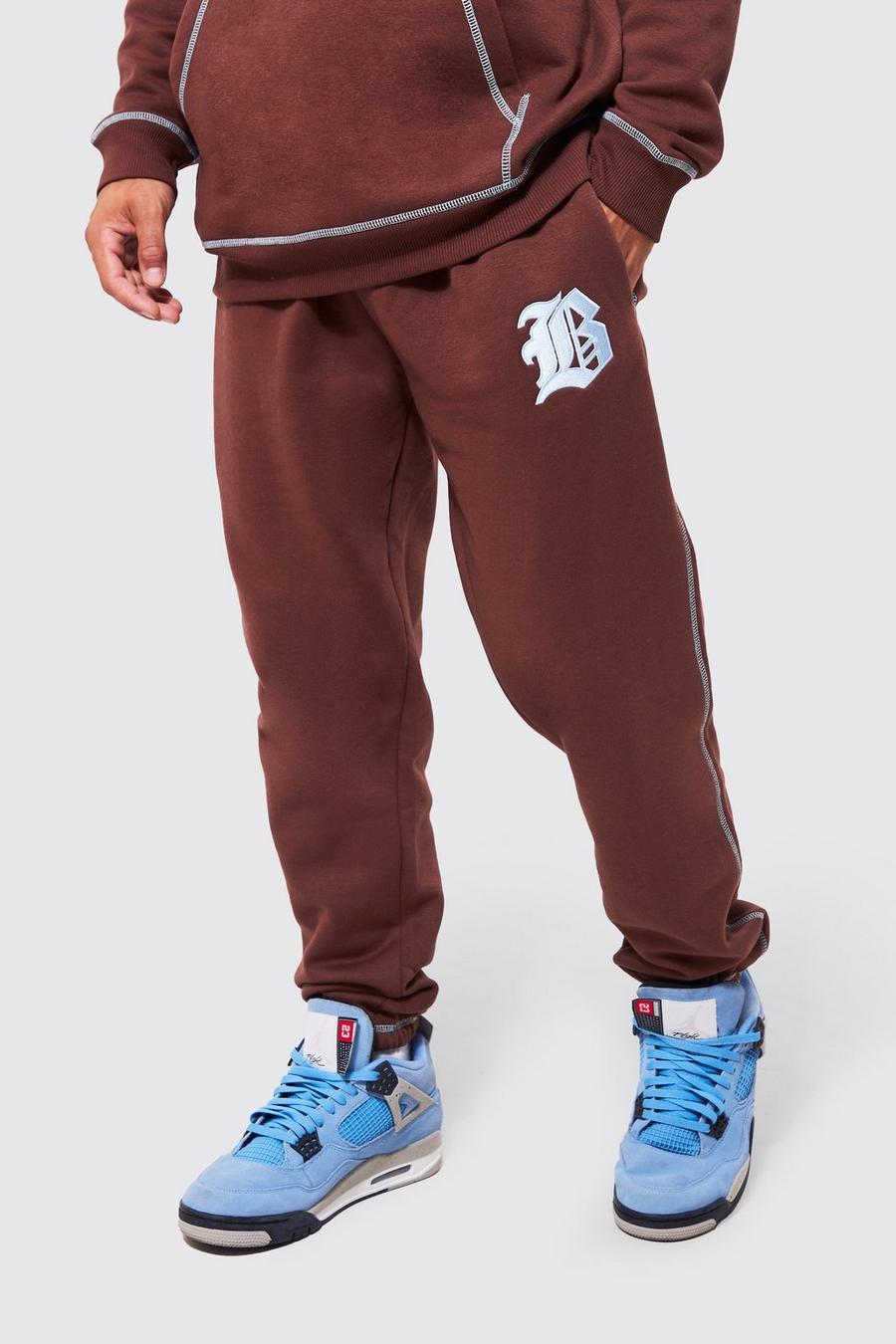 Chocolate Oversized Contrast Stitch Graphic Joggers image number 1