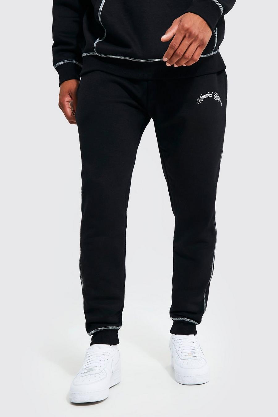 Black Oversized Contrast Stitch Graphic Joggers image number 1