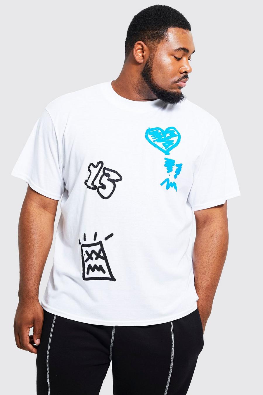 White Plus Oversized Extended Neck Graffiti T-shirt