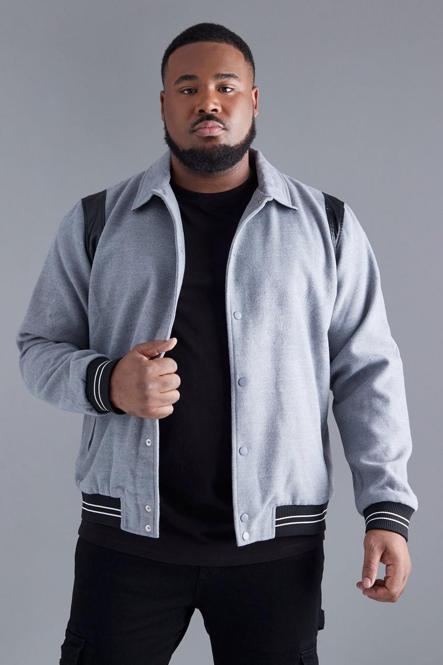 Grey Plus Texture Faux Leather Panel Bomber Jacket image number 1