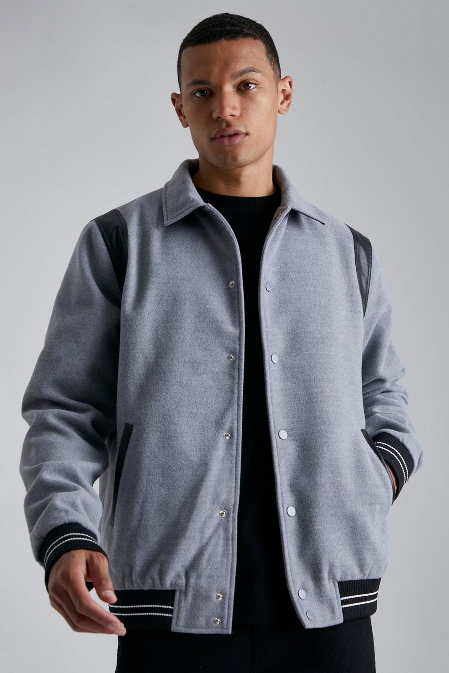 Grey Tall Texture Faux Leather Panel Bomber Jacket image number 1