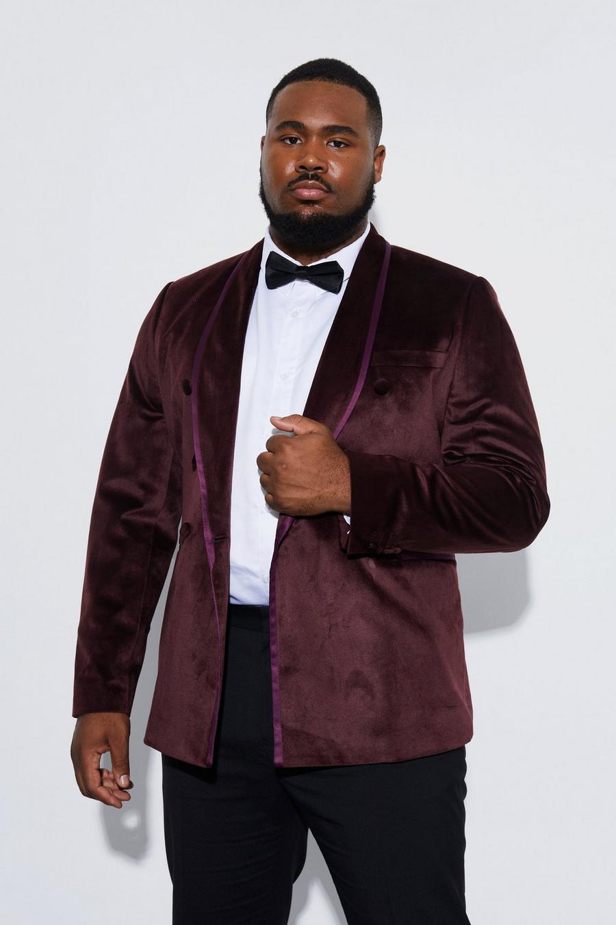 Burgundy Plus Skinny Double Breasted Velour Blazer image number 1