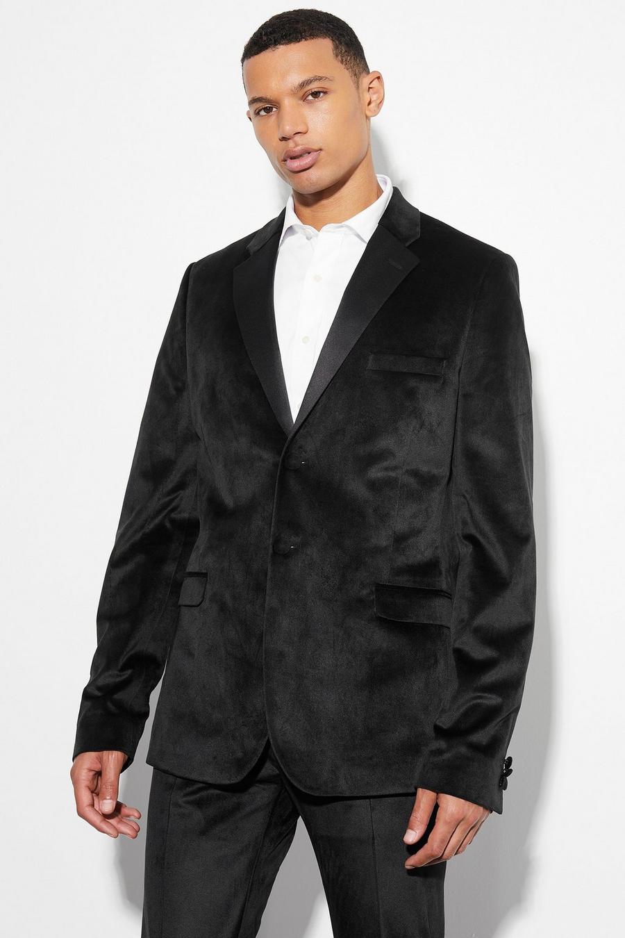 Chaqueta de traje Tall ajustada de velvetón con solapa de raso, Black image number 1