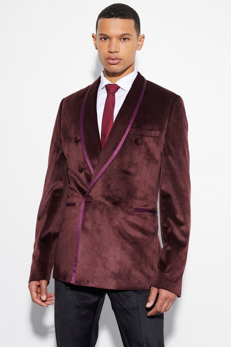 Burgundy Tall Skinny Double Breasted Velour Blazer image number 1