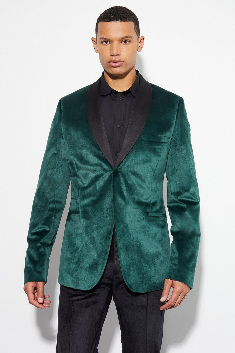 Tall Skinny Velour Blazer mit Satin Schal-Kragen, Forest green