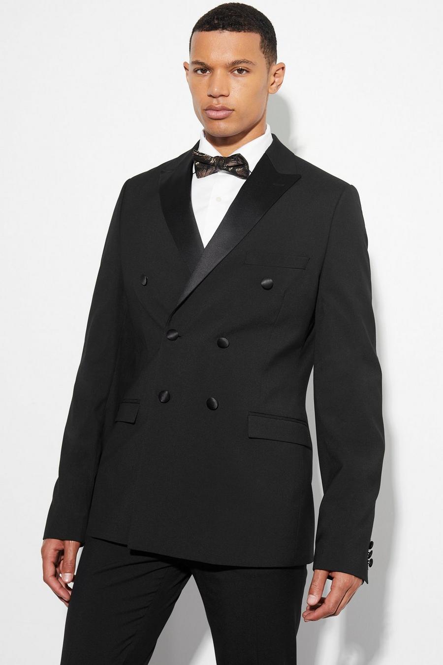 Black Tall Skinny Tuxedo Double Breasted Jacket image number 1
