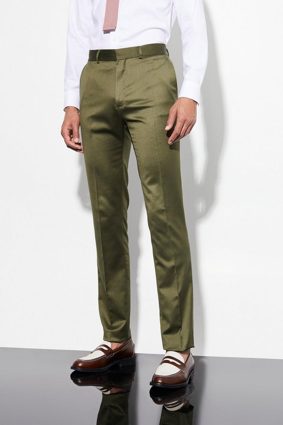 Olive green Tall Skinny Satin Suit Trousers image number 1
