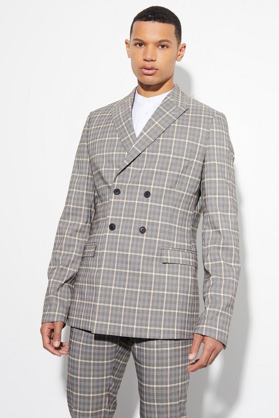 Black Tall Skinny Double Breasted Check Suit Jacket image number 1