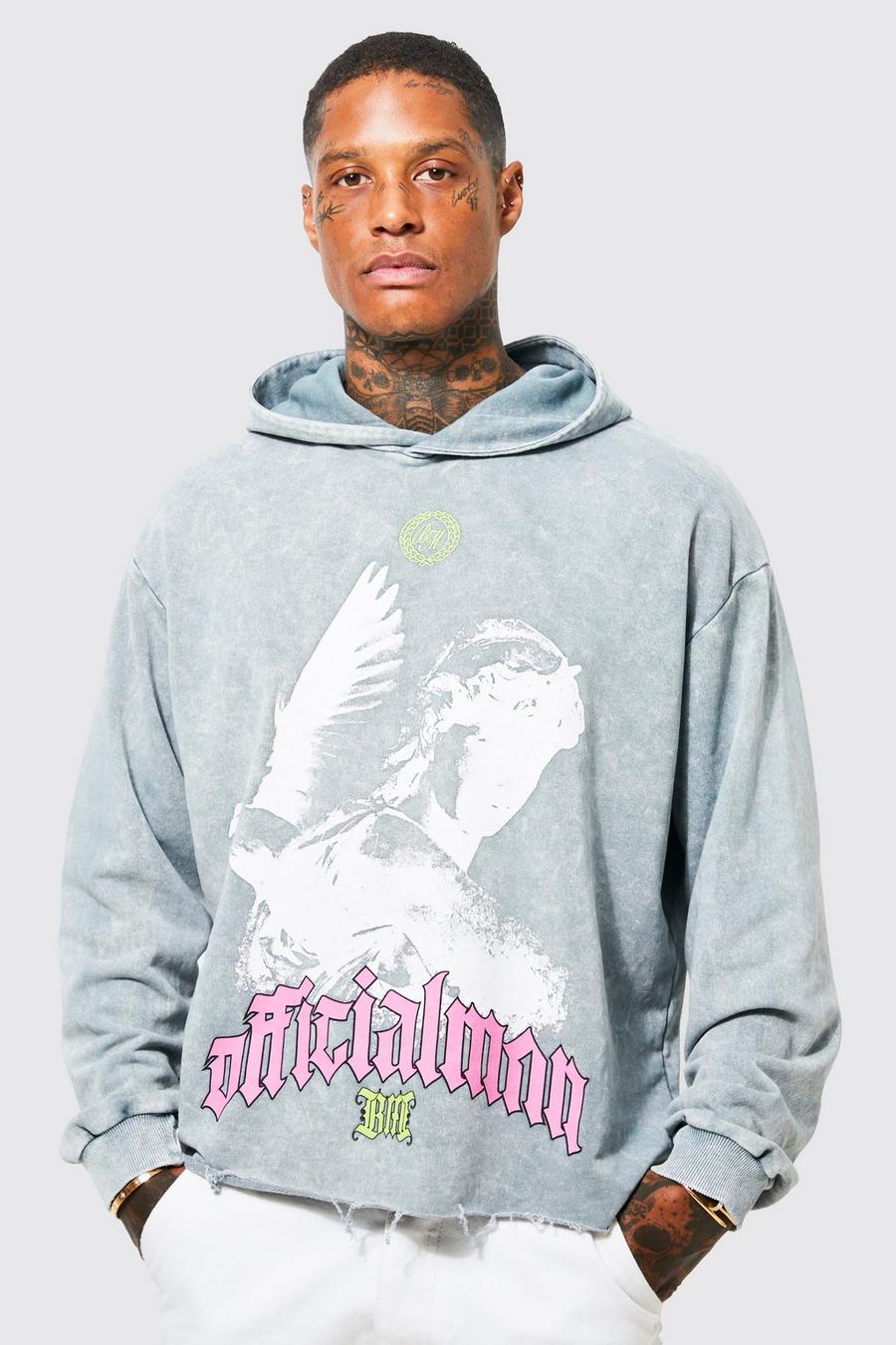 Grey grå Oversized Boxy Acid Wash Dove Graphic Hoodie image number 1