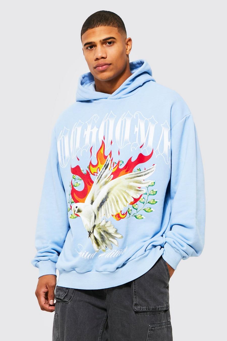Pale blue Oversized Acid Wash Dove Graphic Hoodie image number 1
