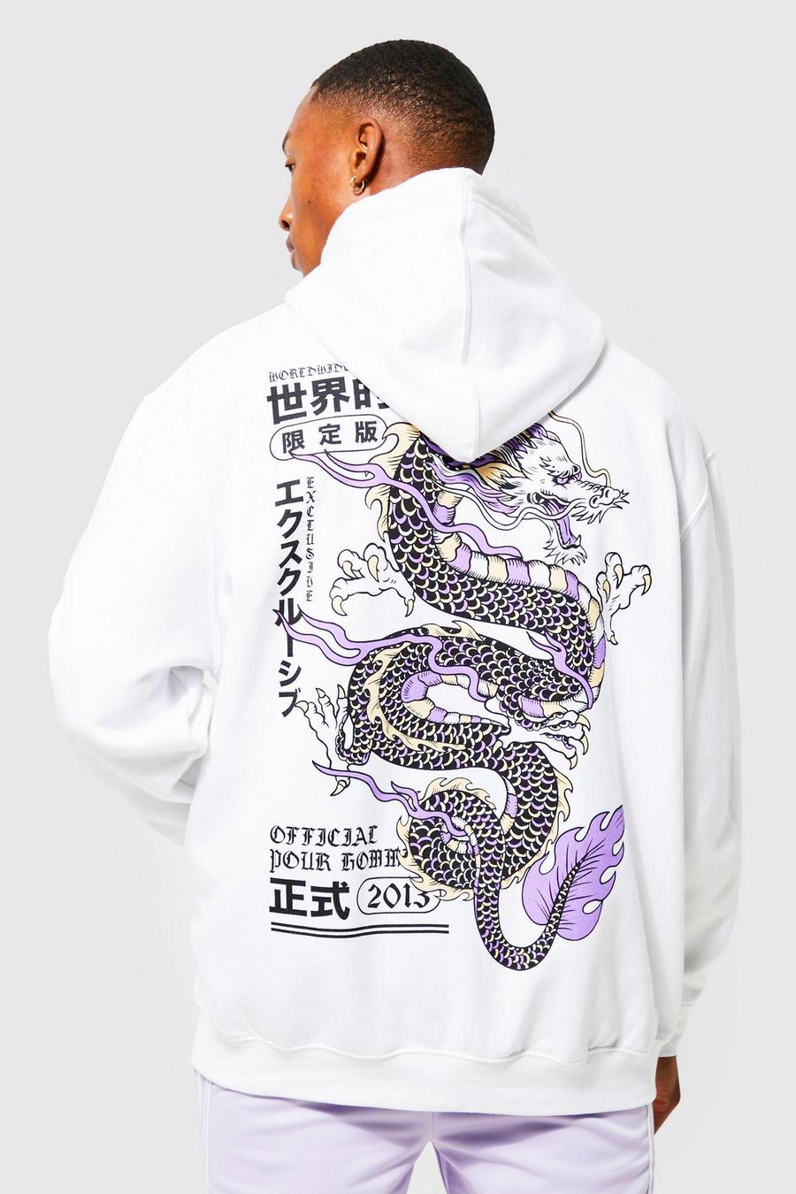 White Oversized Dragon Graphic Ribbed Hoodie image number 1